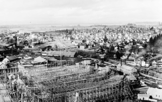 Historical arial photo of wood shipyard at the Port of Vancouver