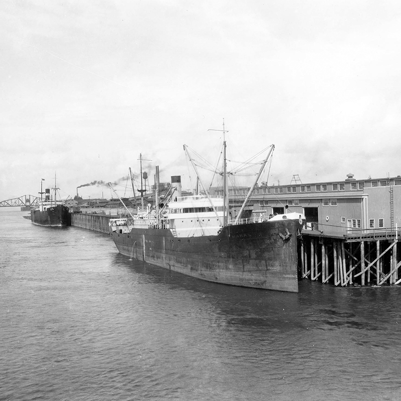 Historical photo of a docked ship at Terminal 1 in Port of Vancouver